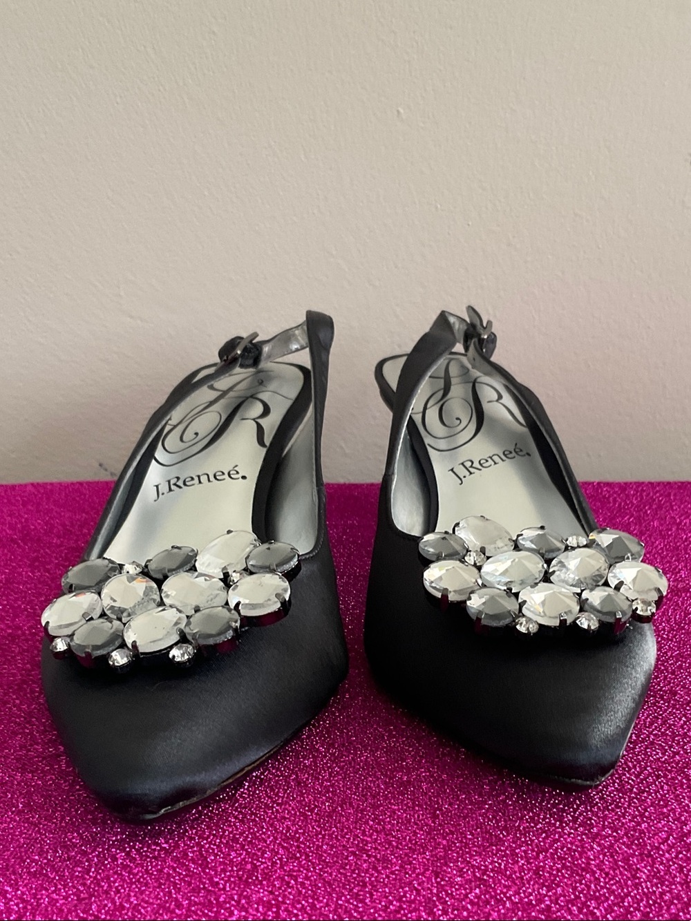 J.Renee Black Satin Slingback Heels with Crystal Embellishment